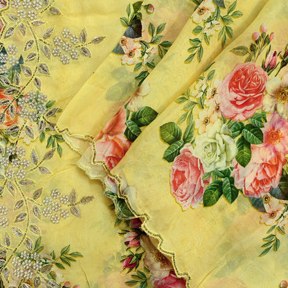Women Indian Vintage Yellow Dupatta Long Stole Georgette Hand Embroidered Digital Printed Dupatta Veil Scarves soft Boho Wrap Dressmaking