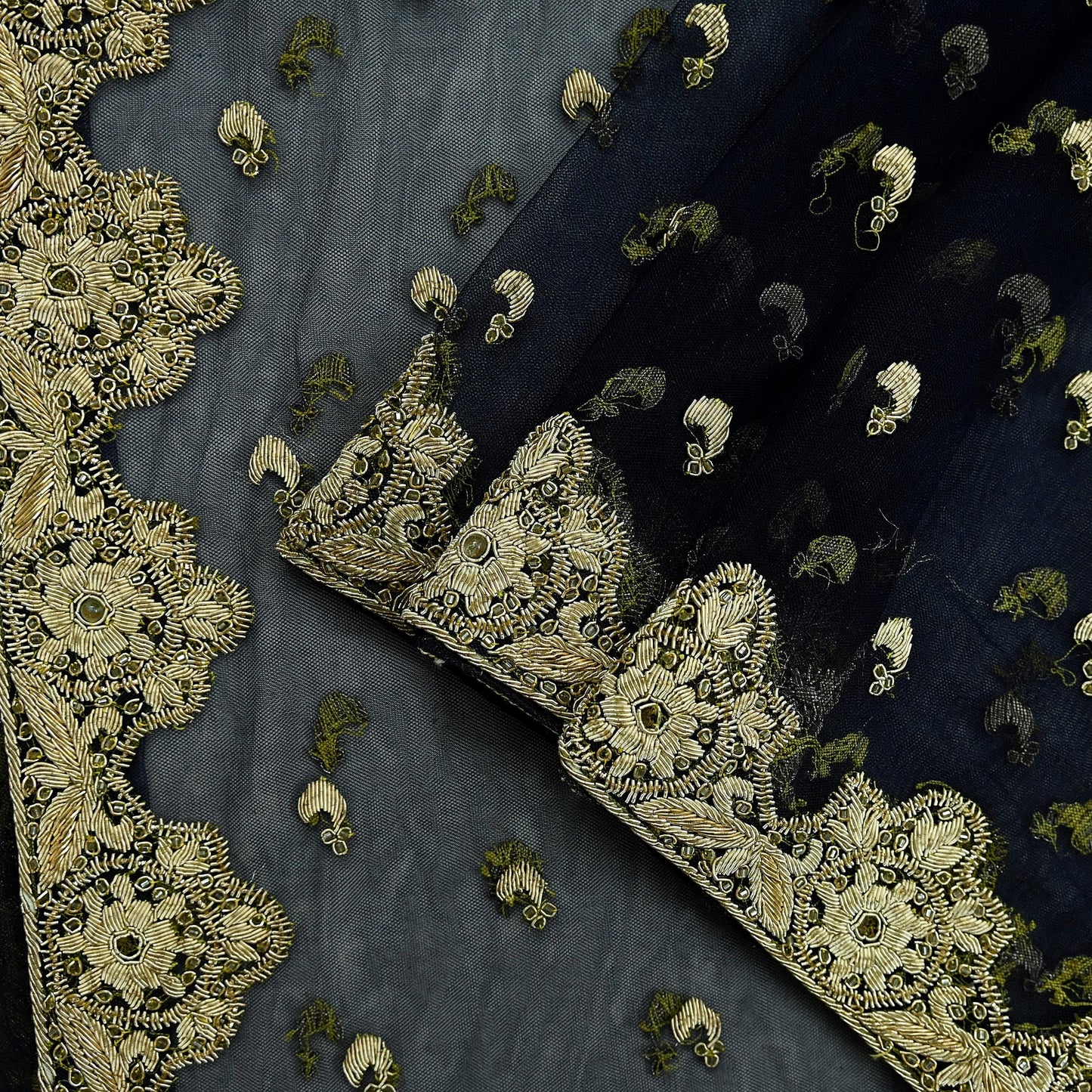 Indian Vintage Heavy Blue Dupatta Net Mesh Long Stole Hand Embroidered Scarves Golden Zardozi Dabka Zari Stole Wedding Bridal Veil