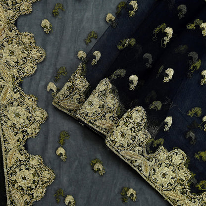 Indian Vintage Heavy Blue Dupatta Net Mesh Long Stole Hand Embroidered Scarves Golden Zardozi Dabka Zari Stole Wedding Bridal Veil