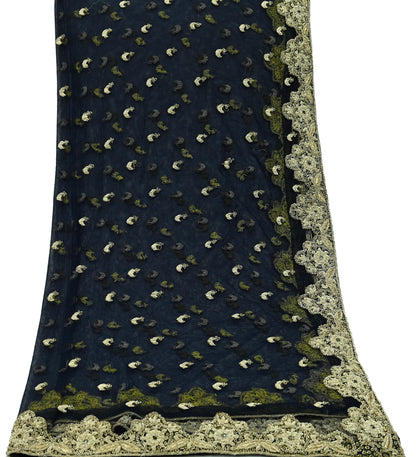 Indian Vintage Heavy Blue Dupatta Net Mesh Long Stole Hand Embroidered Scarves Golden Zardozi Dabka Zari Stole Wedding Bridal Veil