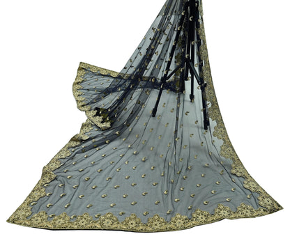 Indian Vintage Heavy Blue Dupatta Net Mesh Long Stole Hand Embroidered Scarves Golden Zardozi Dabka Zari Stole Wedding Bridal Veil