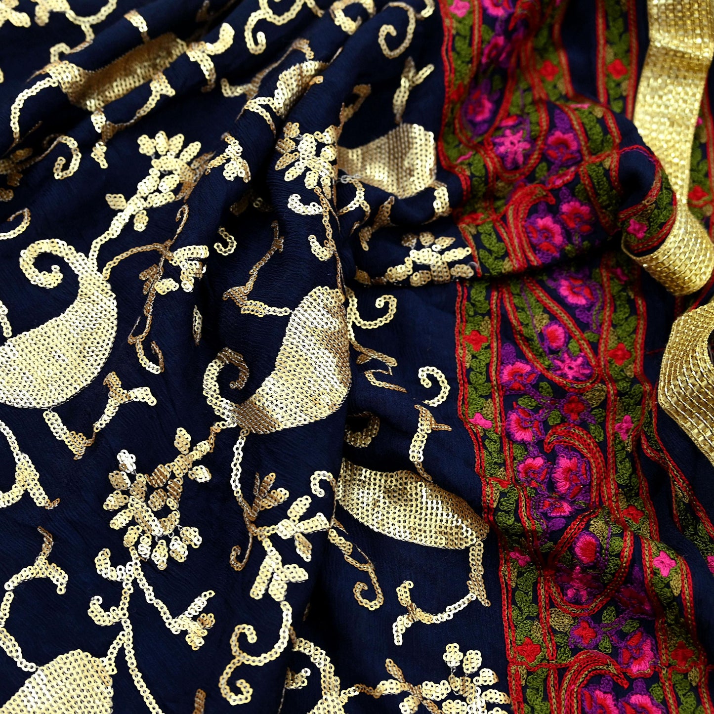 Indian Vintage Blue Dupatta Pure silk Long Stole Hand Embroidered Scarves Floral Design Stole Veil Wrap Sequins
