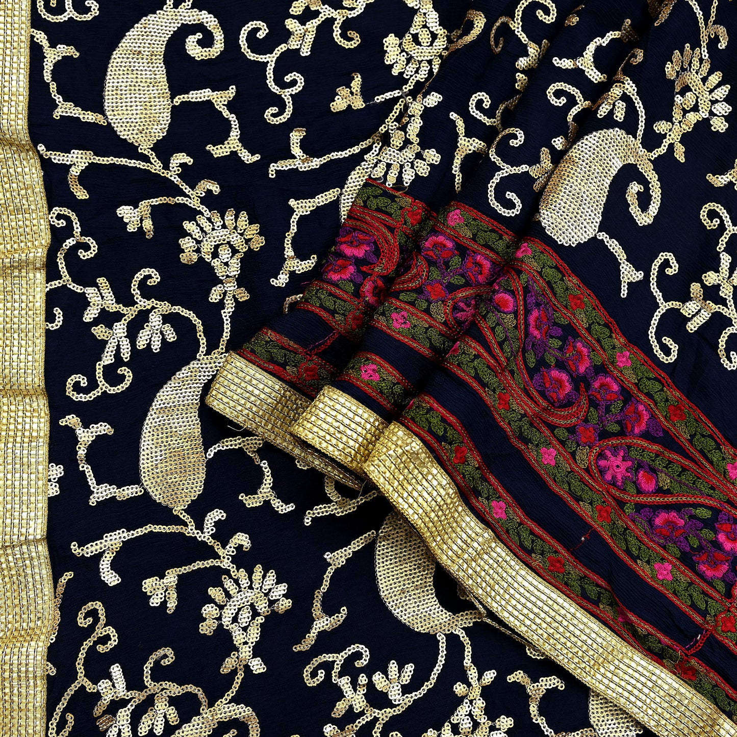 Indian Vintage Blue Dupatta Pure silk Long Stole Hand Embroidered Scarves Floral Design Stole Veil Wrap Sequins