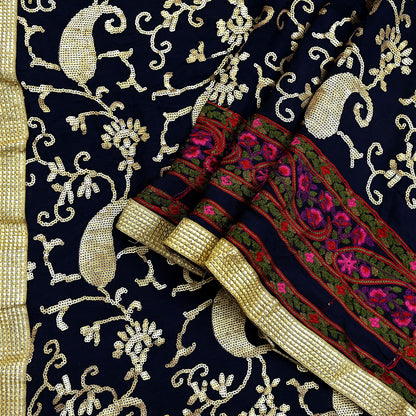 Indian Vintage Blue Dupatta Pure silk Long Stole Hand Embroidered Scarves Floral Design Stole Veil Wrap Sequins