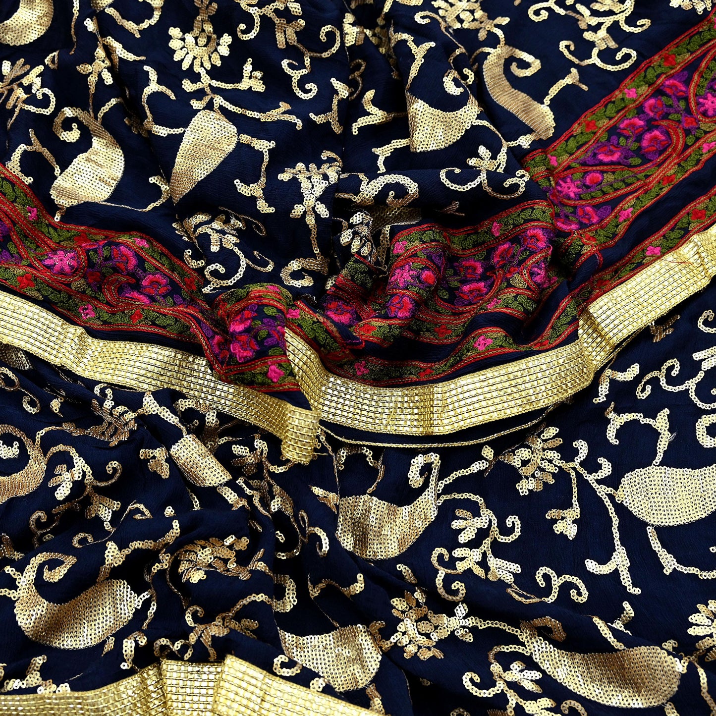 Indian Vintage Blue Dupatta Pure silk Long Stole Hand Embroidered Scarves Floral Design Stole Veil Wrap Sequins