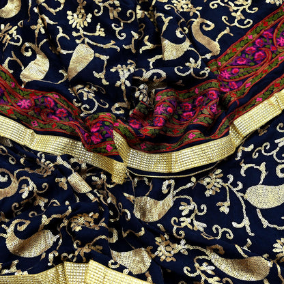 Indian Vintage Blue Dupatta Pure silk Long Stole Hand Embroidered Scarves Floral Design Stole Veil Wrap Sequins