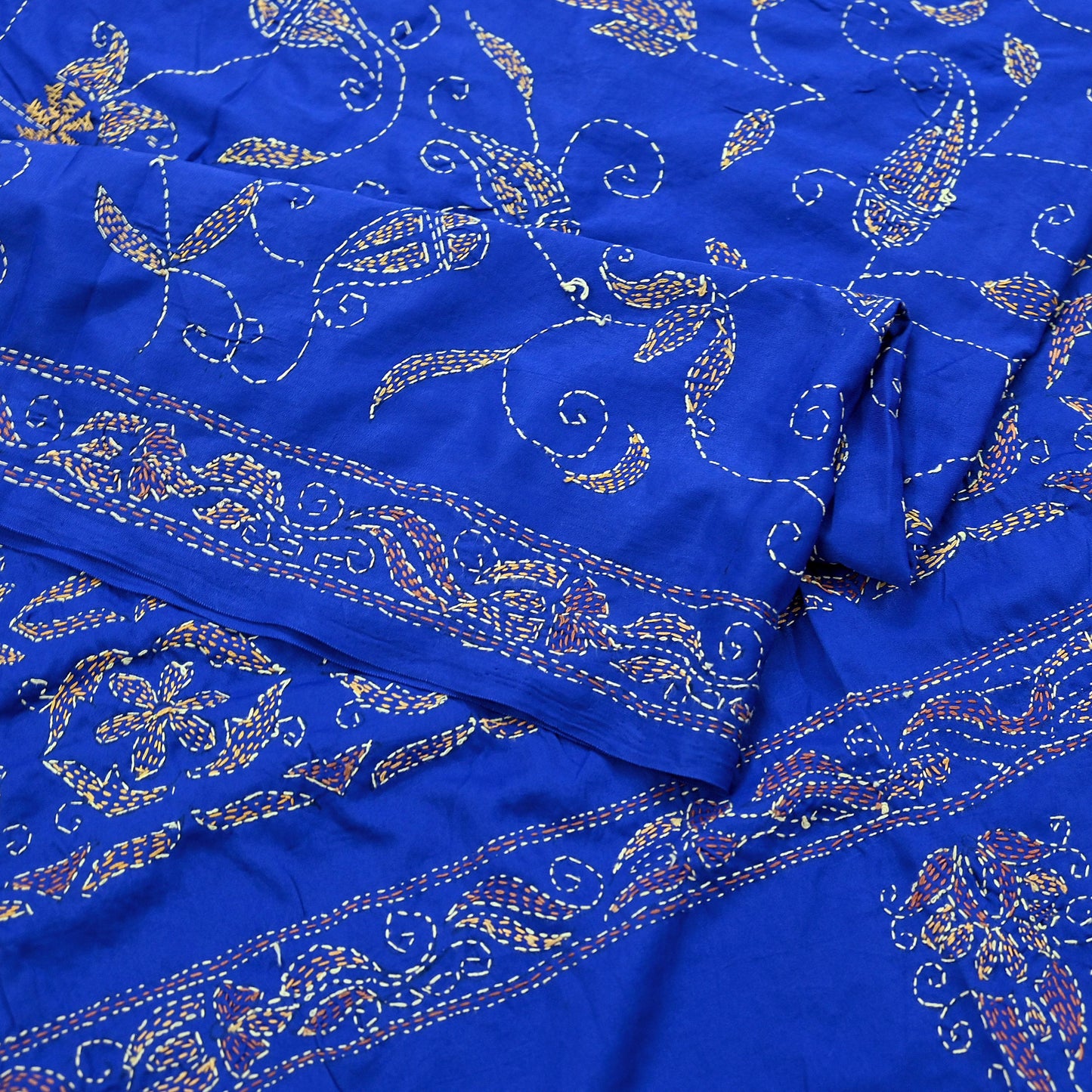 Indian Vintage Dupatta Blue Long Stole Hand Embroidered kantha stole Scarves Veil Wrap Soft Floral