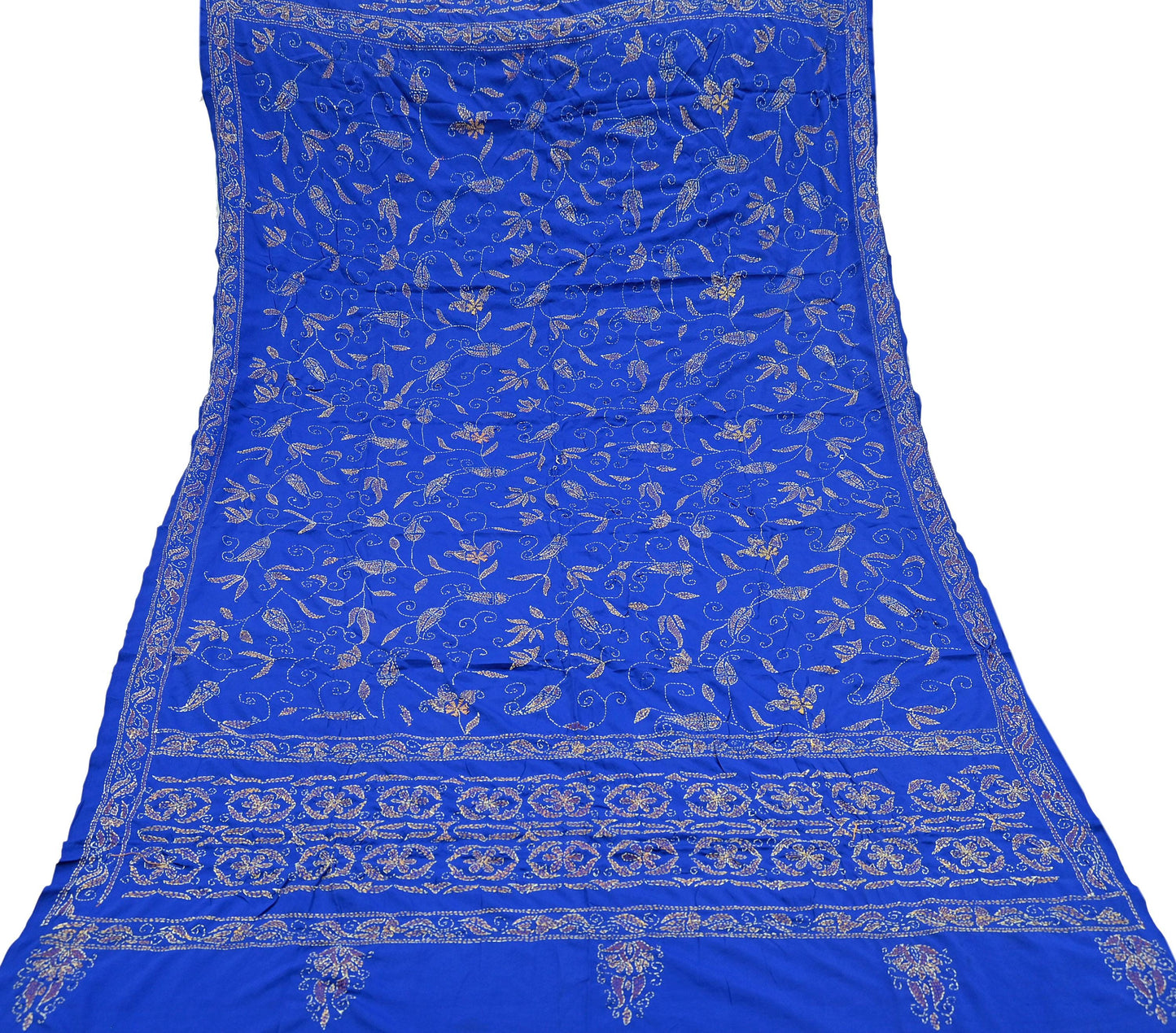 Indian Vintage Dupatta Blue Long Stole Hand Embroidered kantha stole Scarves Veil Wrap Soft Floral