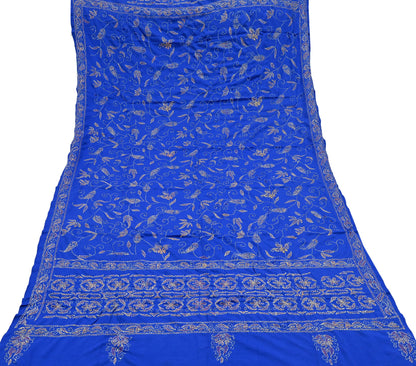 Indian Vintage Dupatta Blue Long Stole Hand Embroidered kantha stole Scarves Veil Wrap Soft Floral