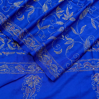 Indian Vintage Dupatta Blue Long Stole Hand Embroidered kantha stole Scarves Veil Wrap Soft Floral