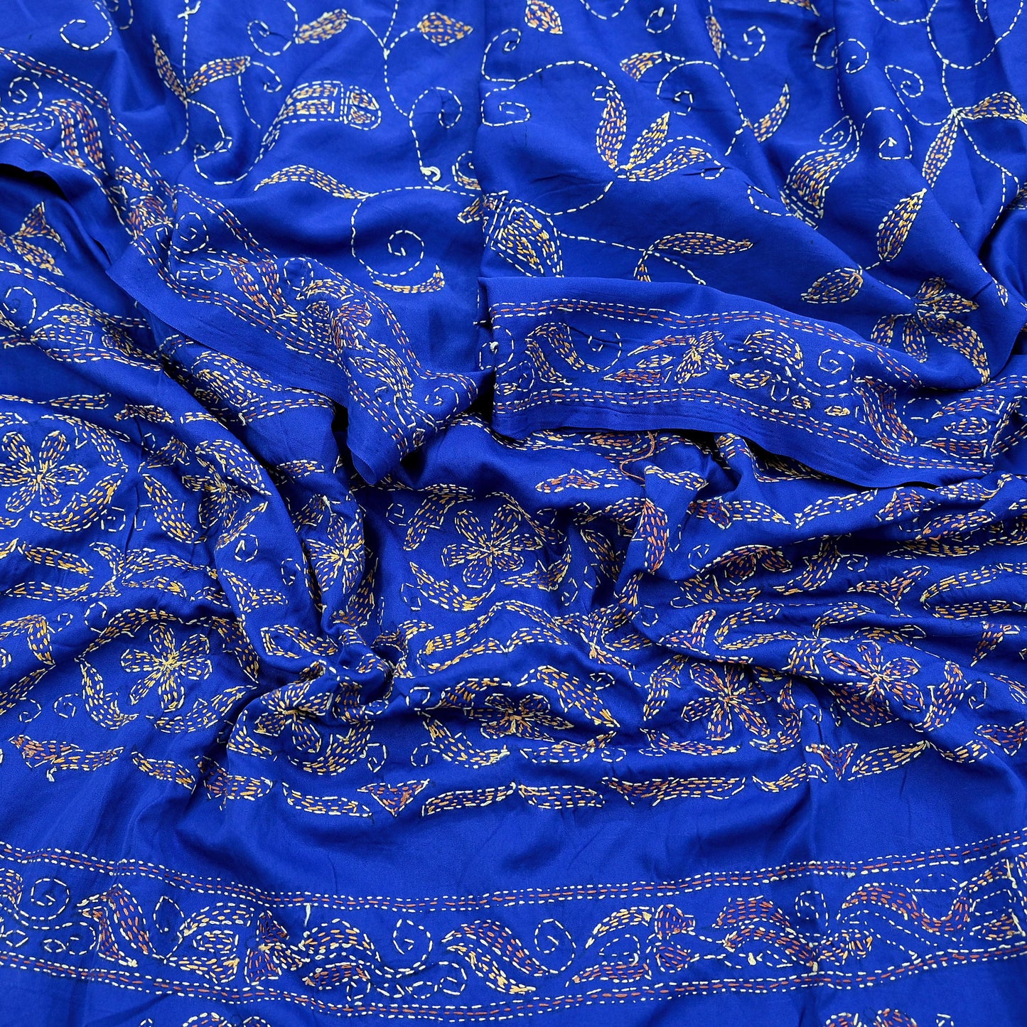 Indian Vintage Dupatta Blue Long Stole Hand Embroidered kantha stole Scarves Veil Wrap Soft Floral