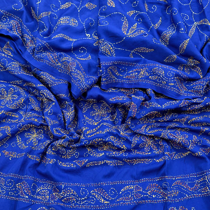 Indian Vintage Dupatta Blue Long Stole Hand Embroidered kantha stole Scarves Veil Wrap Soft Floral