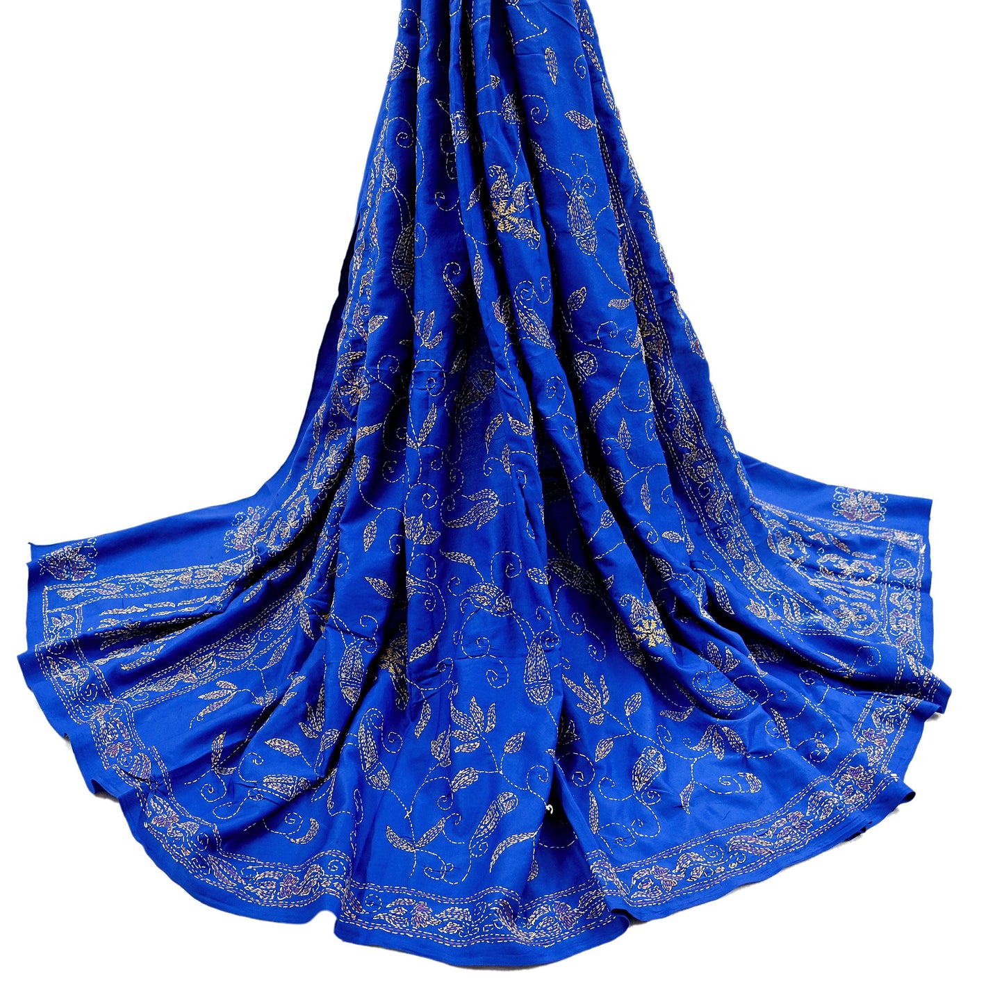 Indian Vintage Dupatta Blue Long Stole Hand Embroidered kantha stole Scarves Veil Wrap Soft Floral