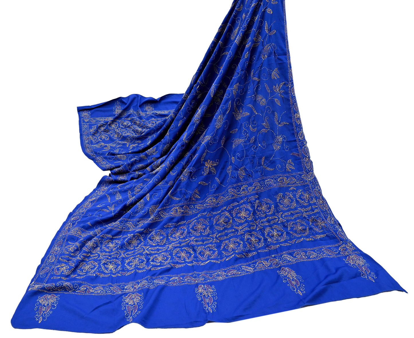 Indian Vintage Dupatta Blue Long Stole Hand Embroidered kantha stole Scarves Veil Wrap Soft Floral