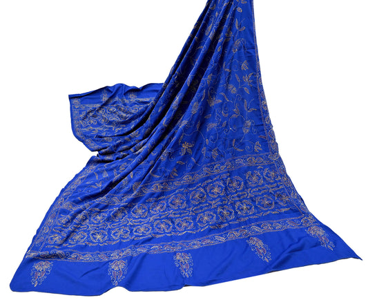 Indian Vintage Dupatta Blue Long Stole Hand Embroidered kantha stole Scarves Veil Wrap Soft Floral