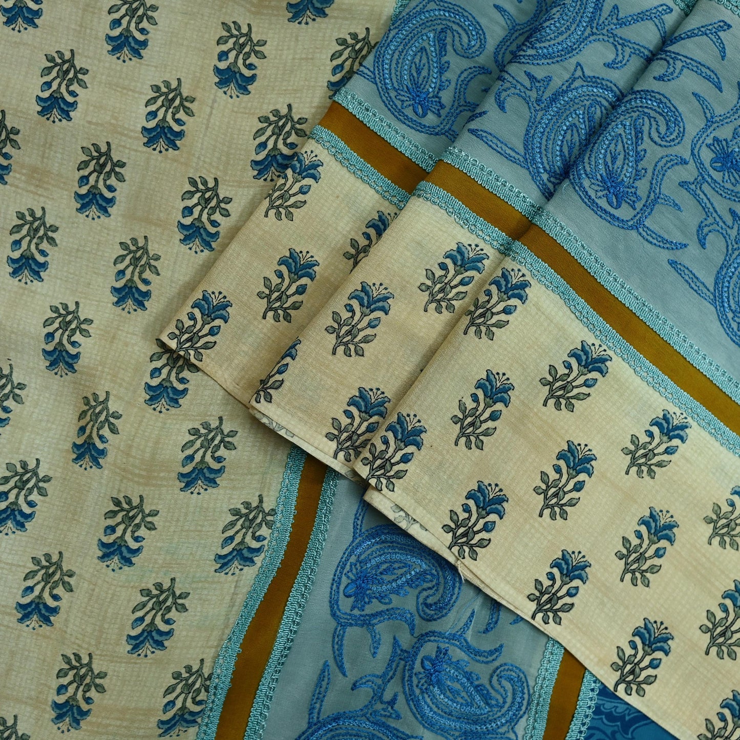 Indian Vintage Blue Saree Pure Crepe Silk Hand Embroidered Sari Craft Fabric 5yd Sewing Floral Sequins Dress making Crafting Quilting