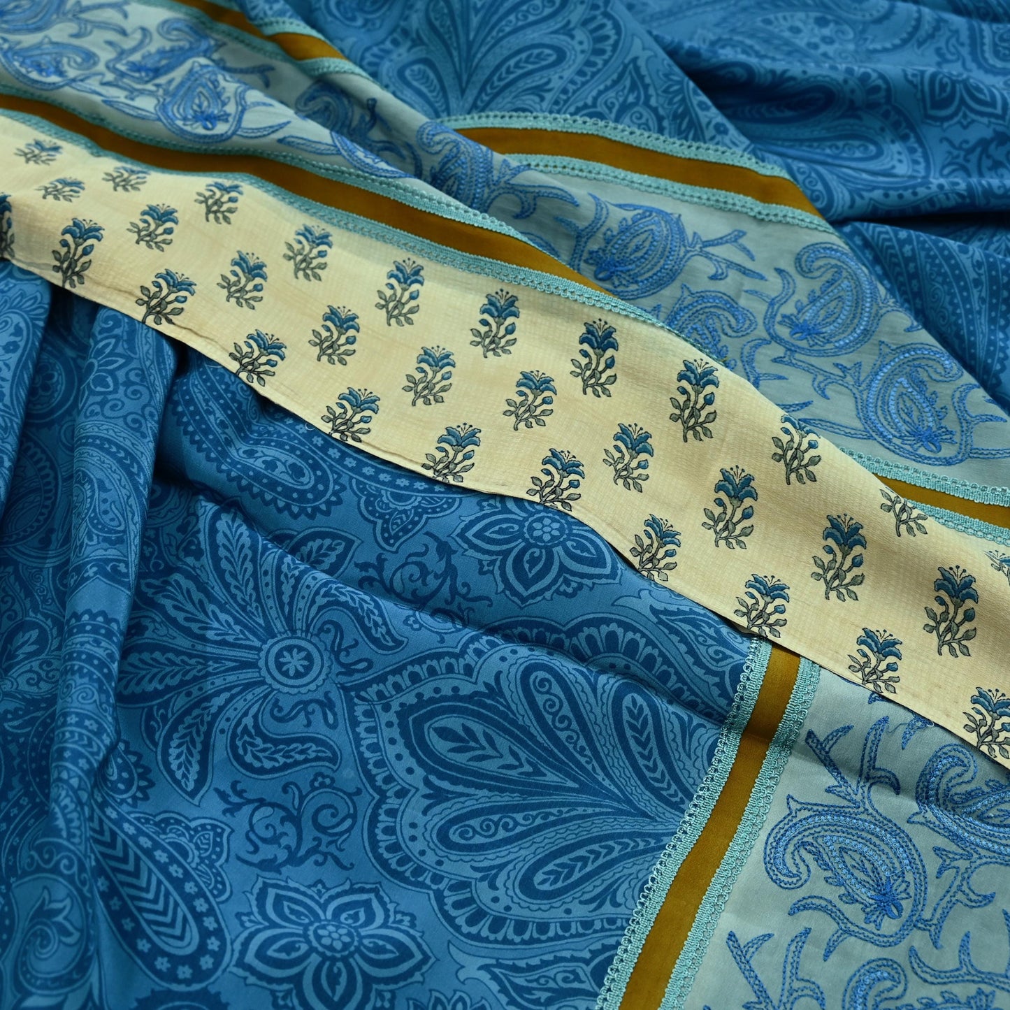 Indian Vintage Blue Saree Pure Crepe Silk Hand Embroidered Sari Craft Fabric 5yd Sewing Floral Sequins Dress making Crafting Quilting