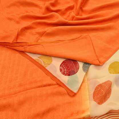 Indian Vintage Sari Orange & Beige Pure Crepe Silk Hand Woven Sarees 5yd Sewing Craft Fabric Dress making Crafting Quilting
