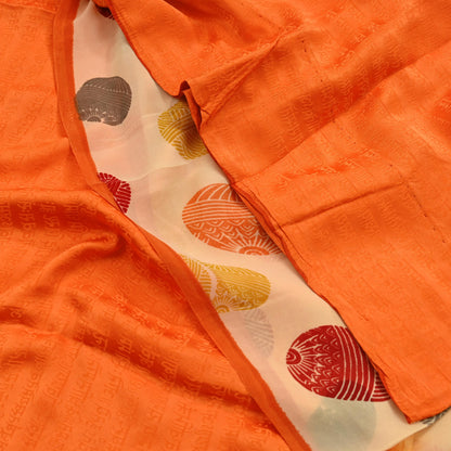 Indian Vintage Sari Orange & Beige Pure Crepe Silk Hand Woven Sarees 5yd Sewing Craft Fabric Dress making Crafting Quilting