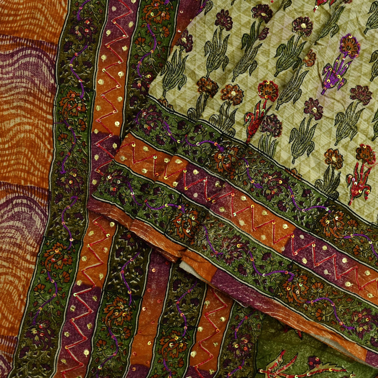 Indian Vintage Sari Multi Pure Crepe Silk Hand Embroidered Saree 5yd Craft Fabric Sewing Paisley Sequins Dress Making Crafting Quilting