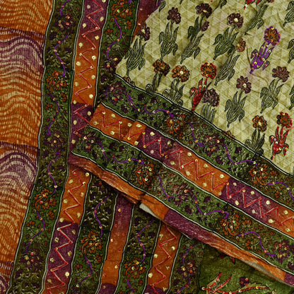 Indian Vintage Sari Multi Pure Crepe Silk Hand Embroidered Saree 5yd Craft Fabric Sewing Paisley Sequins Dress Making Crafting Quilting