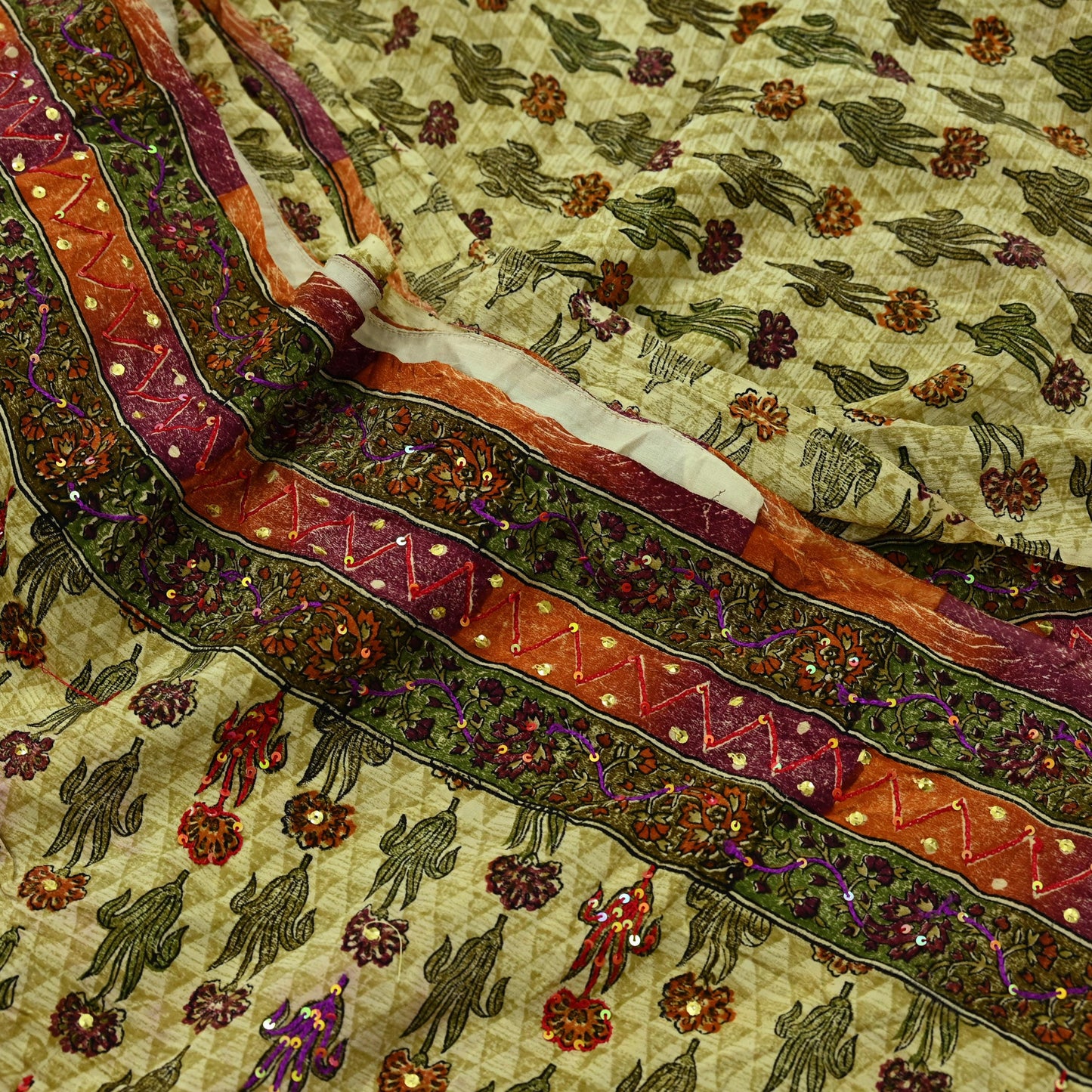 Indian Vintage Sari Multi Pure Crepe Silk Hand Embroidered Saree 5yd Craft Fabric Sewing Paisley Sequins Dress Making Crafting Quilting