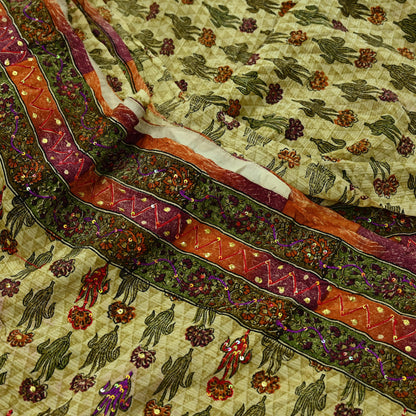 Indian Vintage Sari Multi Pure Crepe Silk Hand Embroidered Saree 5yd Craft Fabric Sewing Paisley Sequins Dress Making Crafting Quilting
