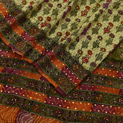 Indian Vintage Sari Multi Pure Crepe Silk Hand Embroidered Saree 5yd Craft Fabric Sewing Paisley Sequins Dress Making Crafting Quilting