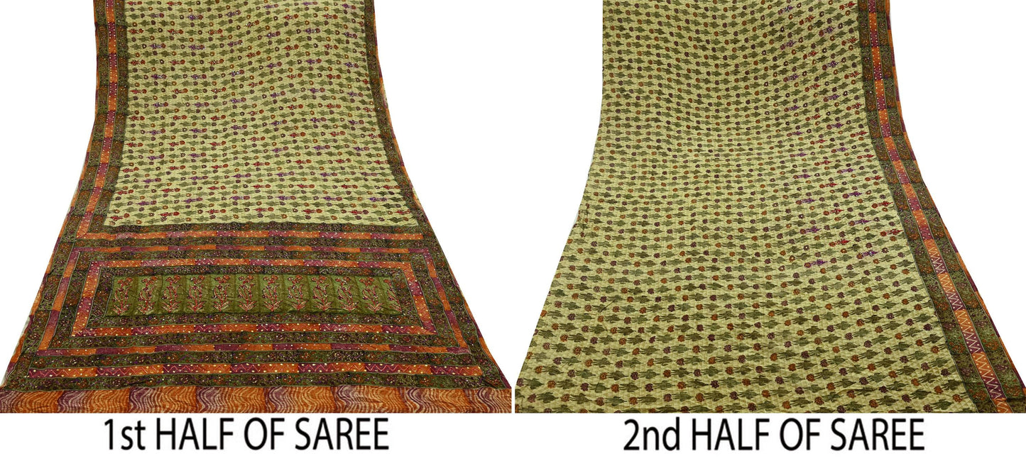 Indian Vintage Sari Multi Pure Crepe Silk Hand Embroidered Saree 5yd Craft Fabric Sewing Paisley Sequins Dress Making Crafting Quilting