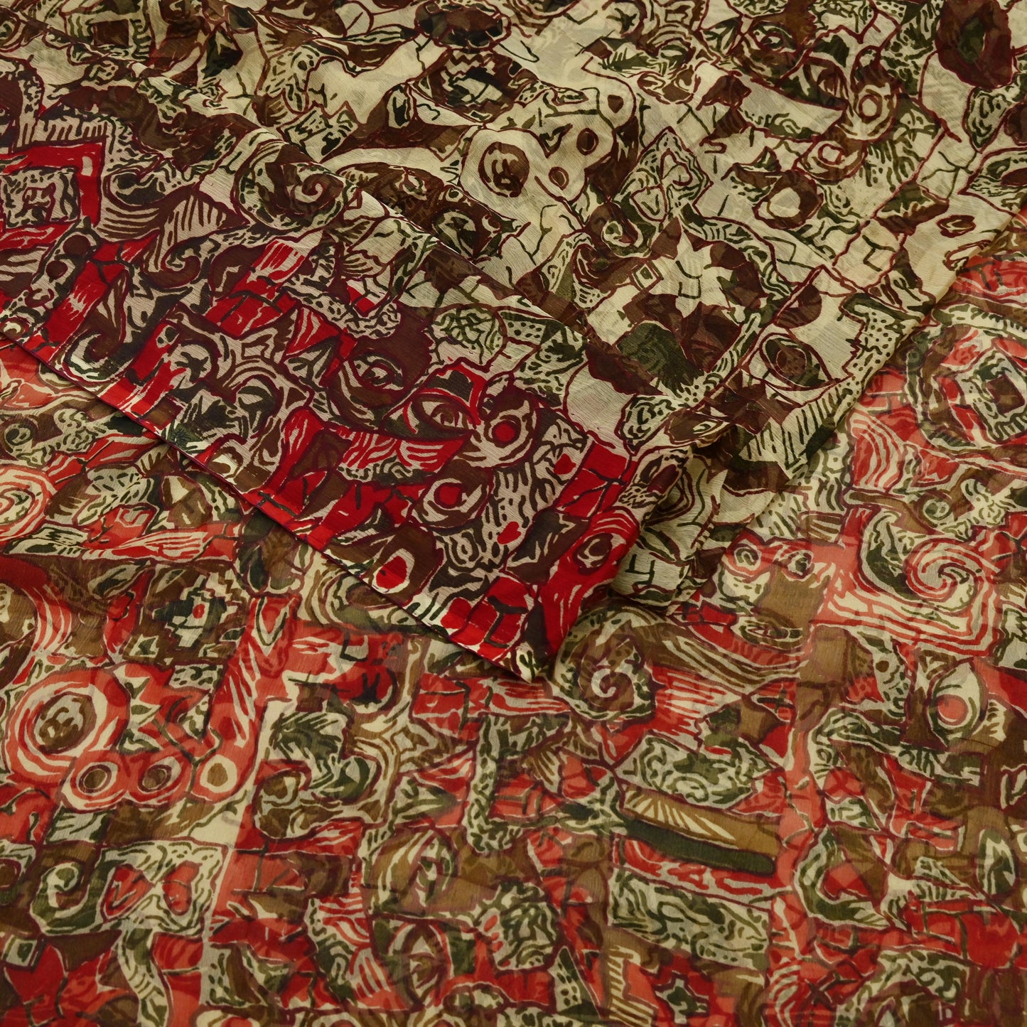 Women Vintage Sari Beige Pure Chiffon Silk Printed Sarees Craft Fabric Sewing 5Yd Soft Dress Making Floral Crafting Quilting Upcycle Used