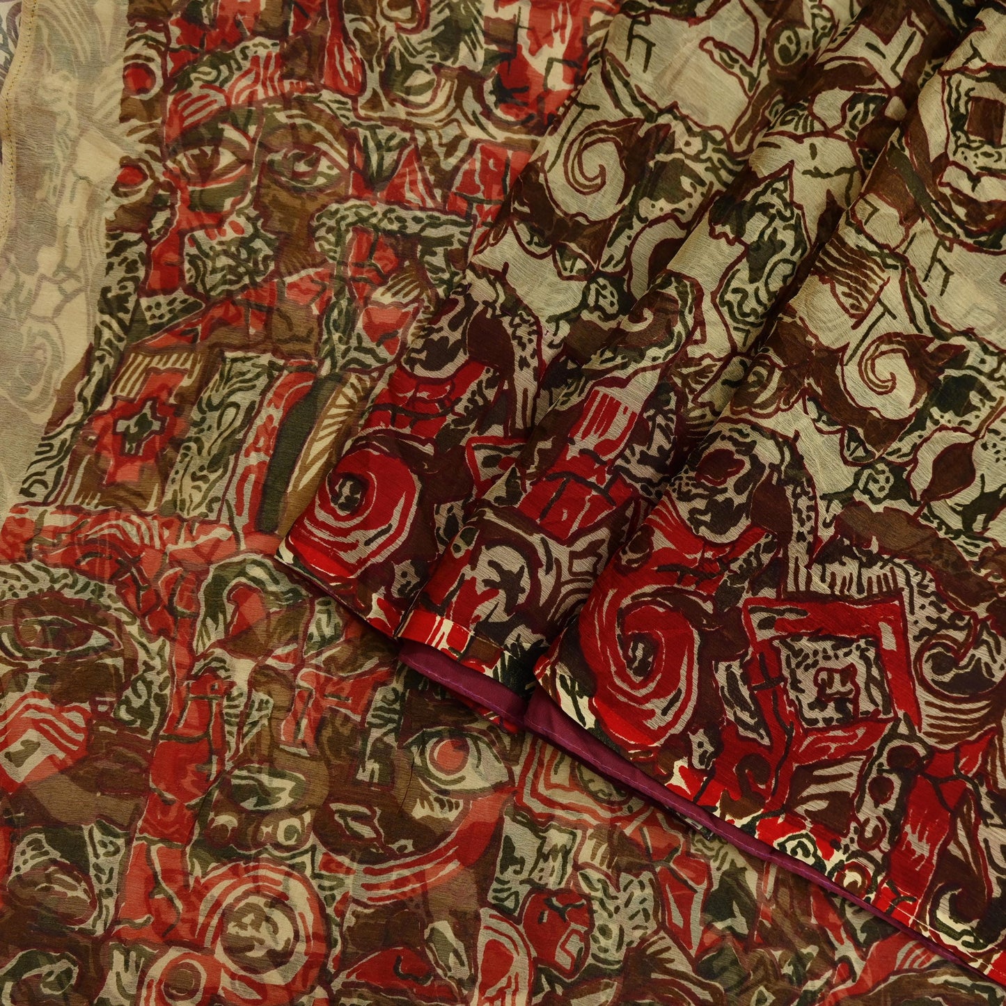 Women Vintage Sari Beige Pure Chiffon Silk Printed Sarees Craft Fabric Sewing 5Yd Soft Dress Making Floral Crafting Quilting Upcycle Used