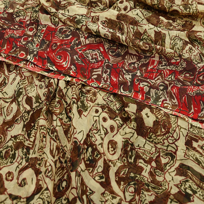 Women Vintage Sari Beige Pure Chiffon Silk Printed Sarees Craft Fabric Sewing 5Yd Soft Dress Making Floral Crafting Quilting Upcycle Used