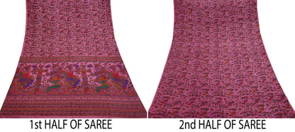 Indian Vintage Sari Pink Pure Silk Printed Sarees 5yd Sewing Craft Fabric Dress Making Soft Wrap Floral Crafting Quilting Upcycle