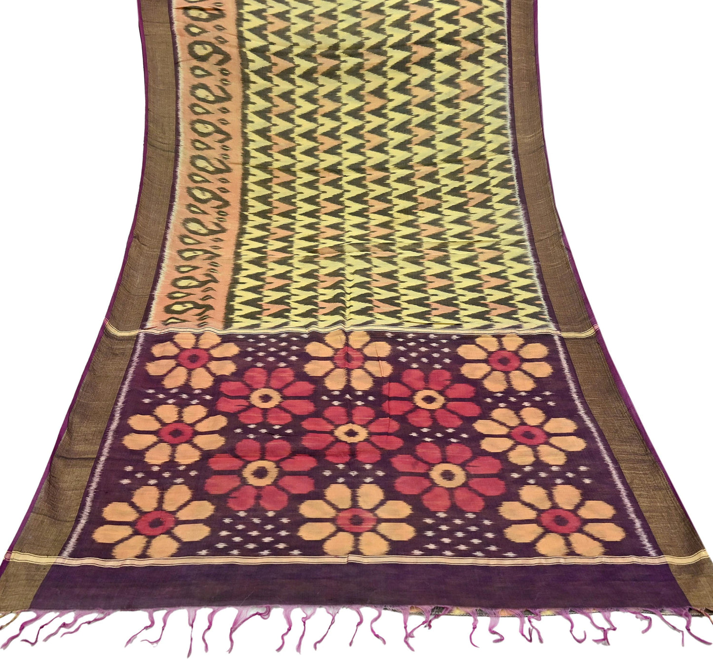 Indian Vintage Beige & Brown Saree Pure Silk Pochampally Hand Woven Ikat Sari Craft Fabric 5Yd Ethnic Zari Border Dress making Fringes