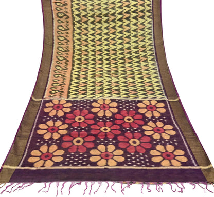 Indian Vintage Beige & Brown Saree Pure Silk Pochampally Hand Woven Ikat Sari Craft Fabric 5Yd Ethnic Zari Border Dress making Fringes