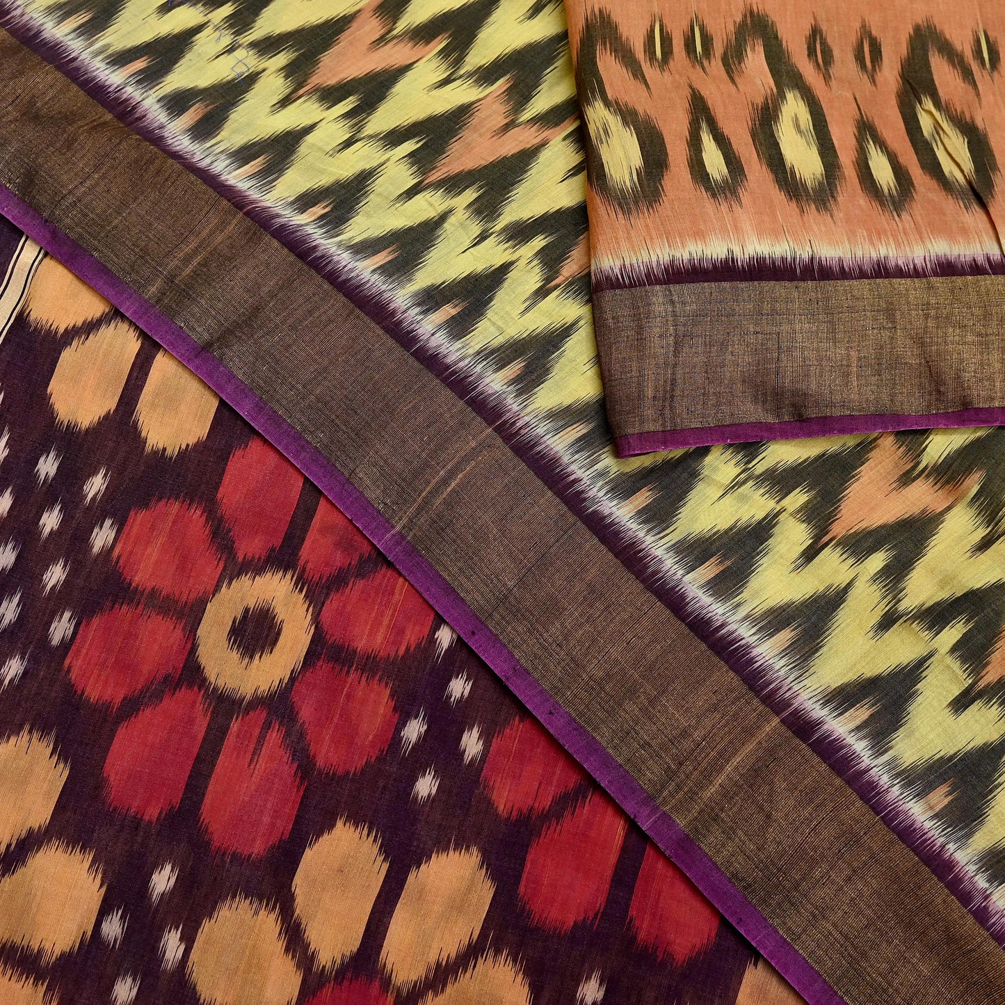 Indian Vintage Beige & Brown Saree Pure Silk Pochampally Hand Woven Ikat Sari Craft Fabric 5Yd Ethnic Zari Border Dress making Fringes
