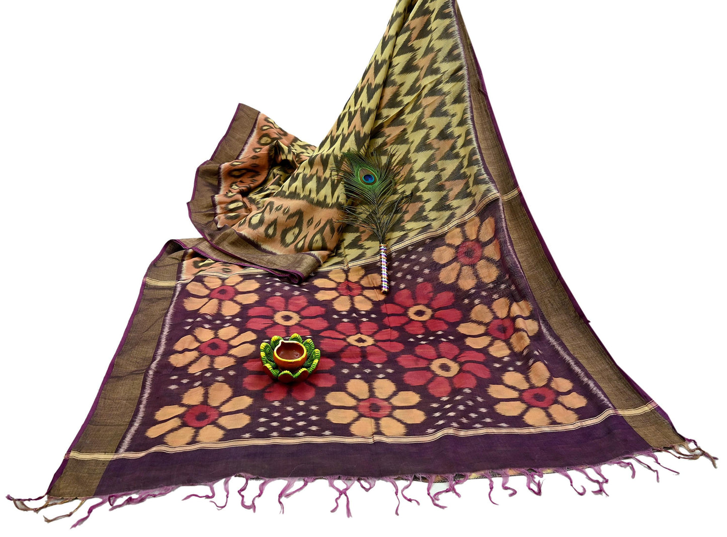 Indian Vintage Beige & Brown Saree Pure Silk Pochampally Hand Woven Ikat Sari Craft Fabric 5Yd Ethnic Zari Border Dress making Fringes