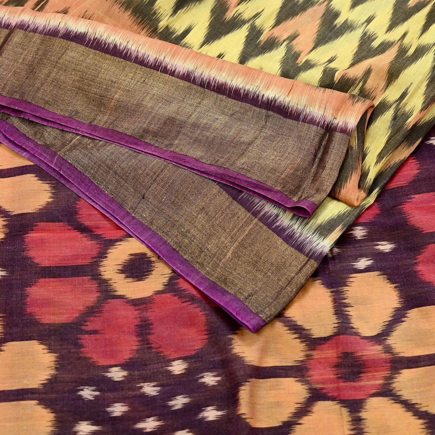 Indian Vintage Beige & Brown Saree Pure Silk Pochampally Hand Woven Ikat Sari Craft Fabric 5Yd Ethnic Zari Border Dress making Fringes