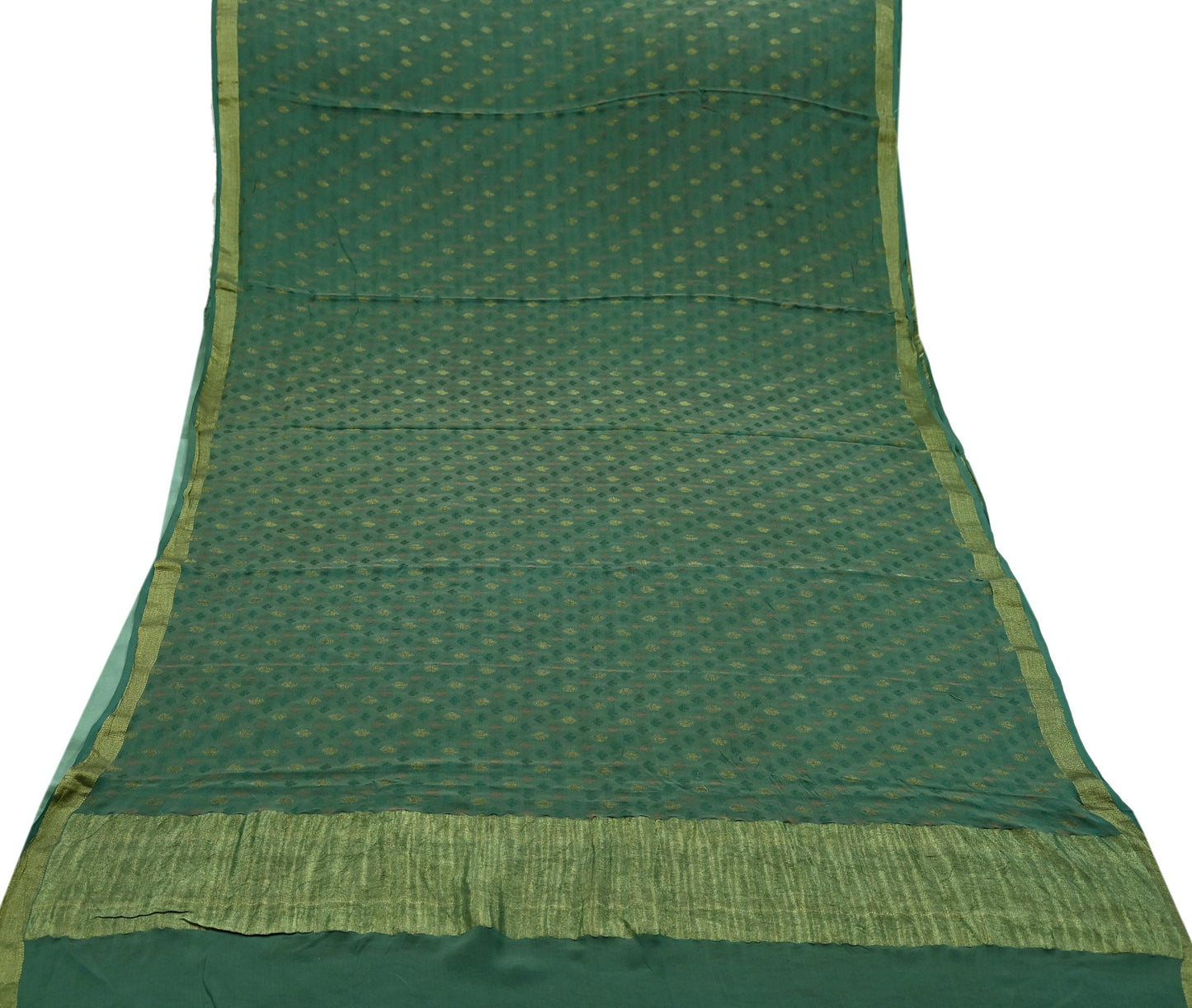 Indian Vintage Sari Green Pure Silk Hand Woven Sarees Fabric 5Yd Ethnic Dress Making Crafting Upcycle Quilting Zari Border