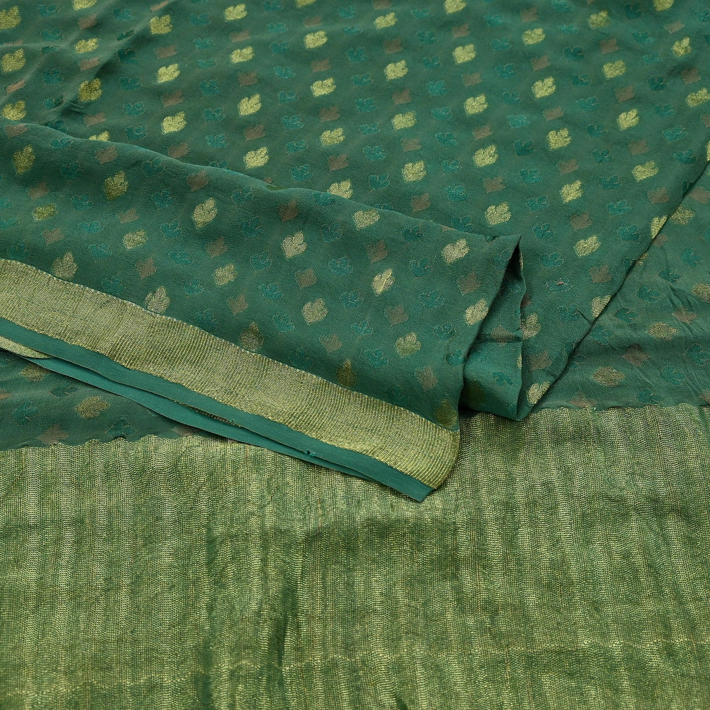 Indian Vintage Sari Green Pure Silk Hand Woven Sarees Fabric 5Yd Ethnic Dress Making Crafting Upcycle Quilting Zari Border