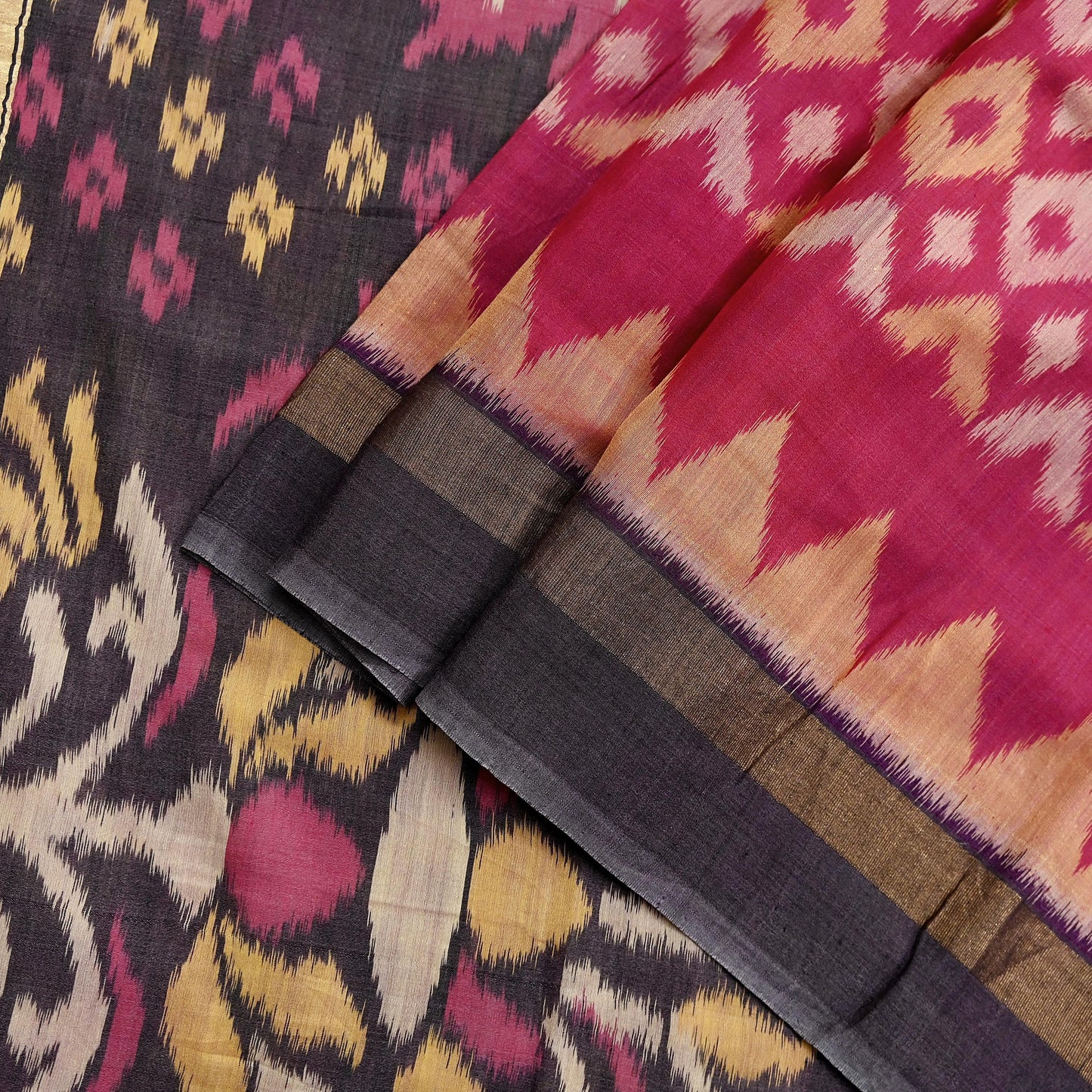Indian Vintage Pink & Brown Saree Pure Silk Pochampally Hand Woven Ikat Sari Craft Fabric 5Yd Ethnic Zari Border Dress making Fringes