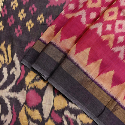 Indian Vintage Pink & Brown Saree Pure Silk Pochampally Hand Woven Ikat Sari Craft Fabric 5Yd Ethnic Zari Border Dress making Fringes