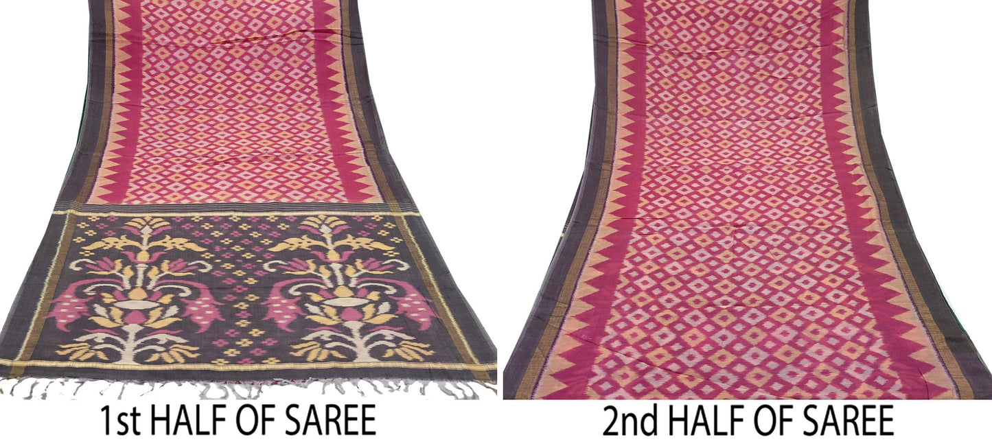 Indian Vintage Pink & Brown Saree Pure Silk Pochampally Hand Woven Ikat Sari Craft Fabric 5Yd Ethnic Zari Border Dress making Fringes