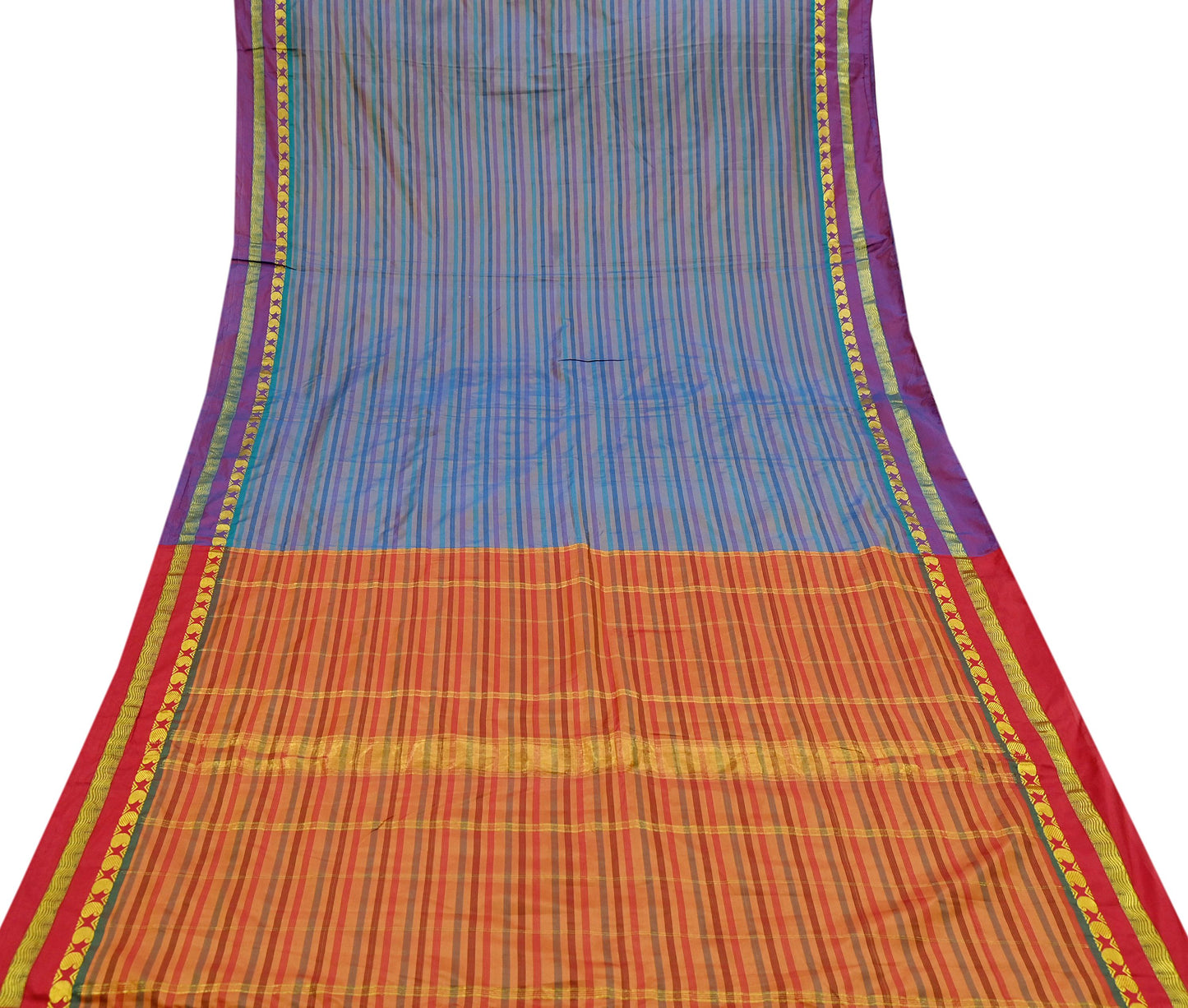 Indian Vintage Sari Blue & Saffron Artificial Silk Hand Woven Sarees 5yd Ethnic Craft Fabric Sewing Dress making Crafting