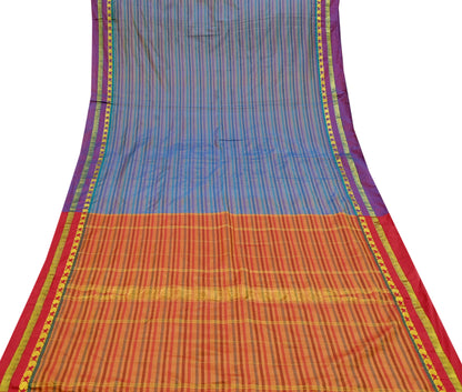 Indian Vintage Sari Blue & Saffron Artificial Silk Hand Woven Sarees 5yd Ethnic Craft Fabric Sewing Dress making Crafting