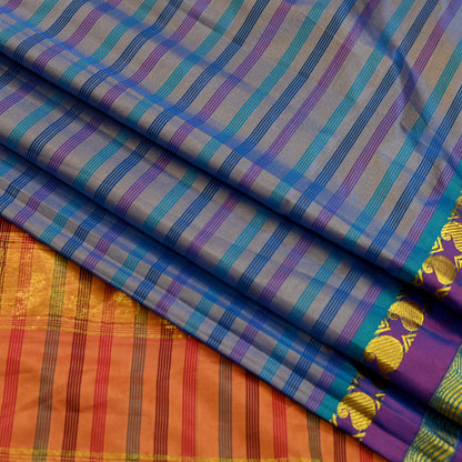 Indian Vintage Sari Blue & Saffron Artificial Silk Hand Woven Sarees 5yd Ethnic Craft Fabric Sewing Dress making Crafting