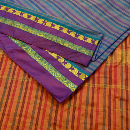 Indian Vintage Sari Blue & Saffron Artificial Silk Hand Woven Sarees 5yd Ethnic Craft Fabric Sewing Dress making Crafting