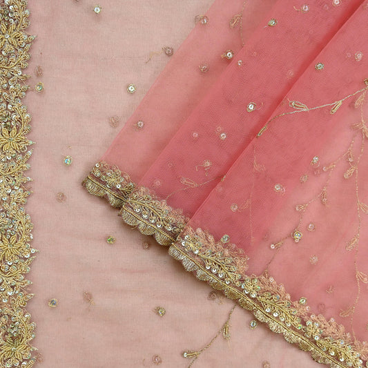 Indian Vintage Heavy Pink Dupatta Net Mesh Long Stole Hand Embroidered Scarves Golden Zardozi Zari Sequins Hijab Veil wrap Boho