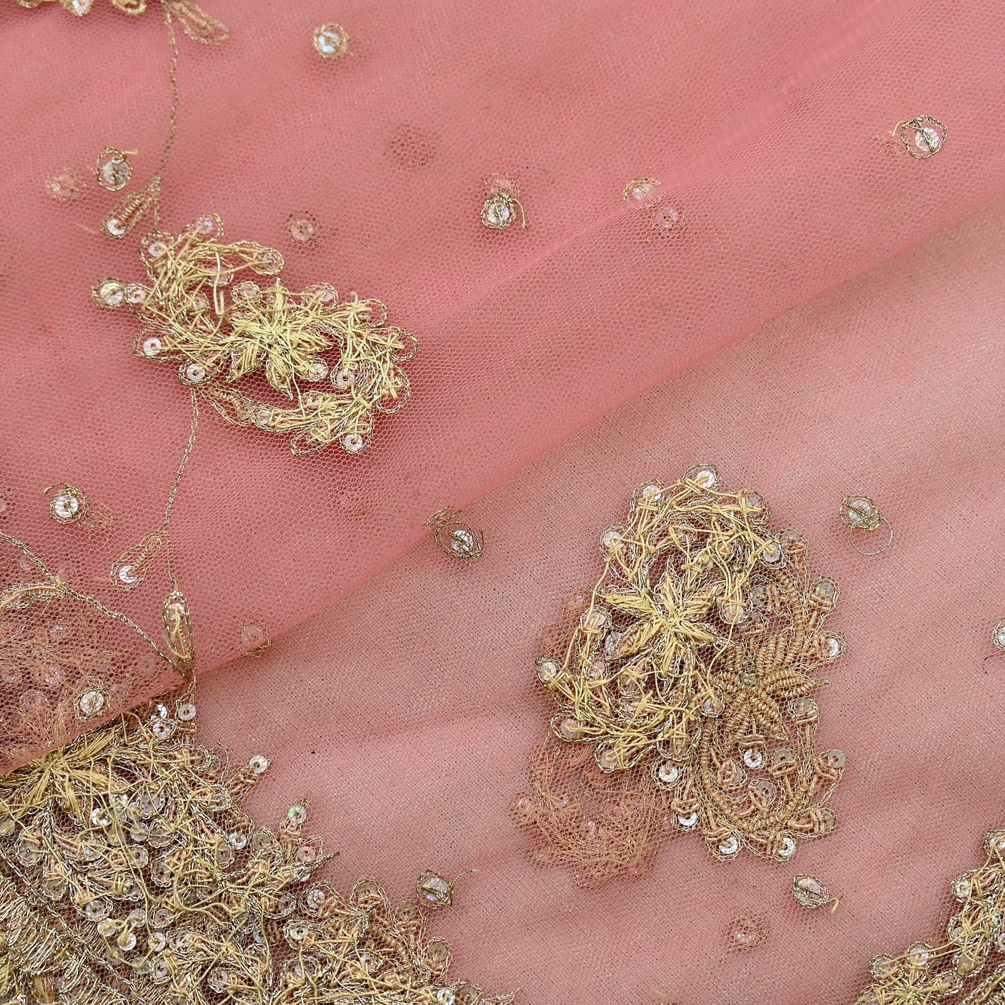 Indian Vintage Heavy Pink Dupatta Net Mesh Long Stole Hand Embroidered Scarves Golden Zardozi Zari Sequins Hijab Veil wrap Boho