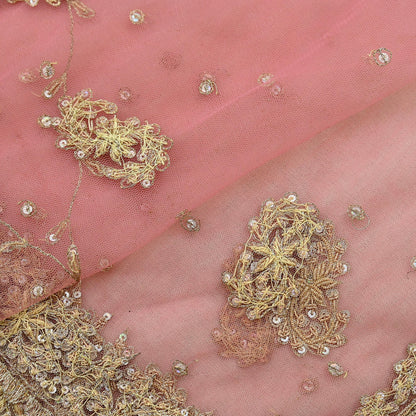 Indian Vintage Heavy Pink Dupatta Net Mesh Long Stole Hand Embroidered Scarves Golden Zardozi Zari Sequins Hijab Veil wrap Boho